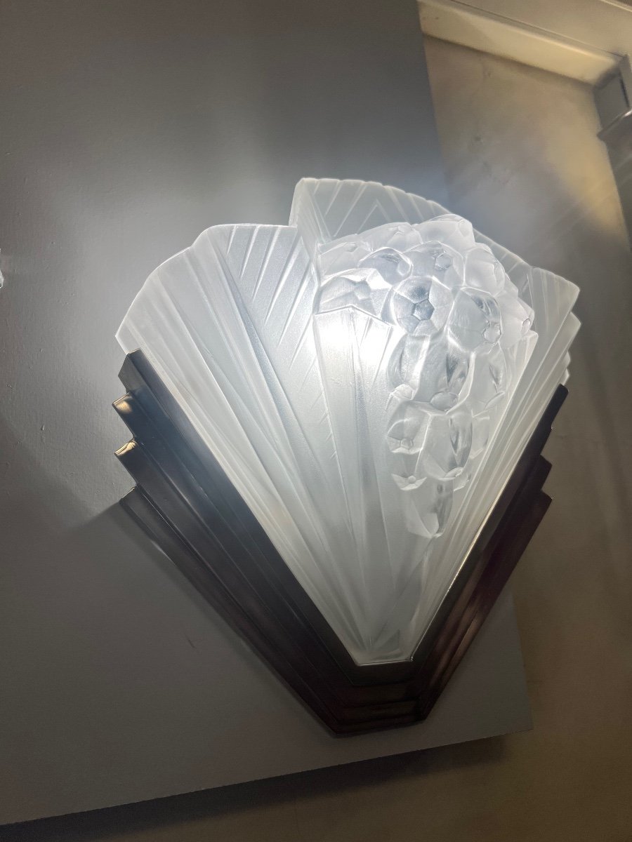 Art Deco Wall Lamp (alone) Signed Petitot France / Nickel-plated Bronze { Wall Lamps 1930 } -photo-4