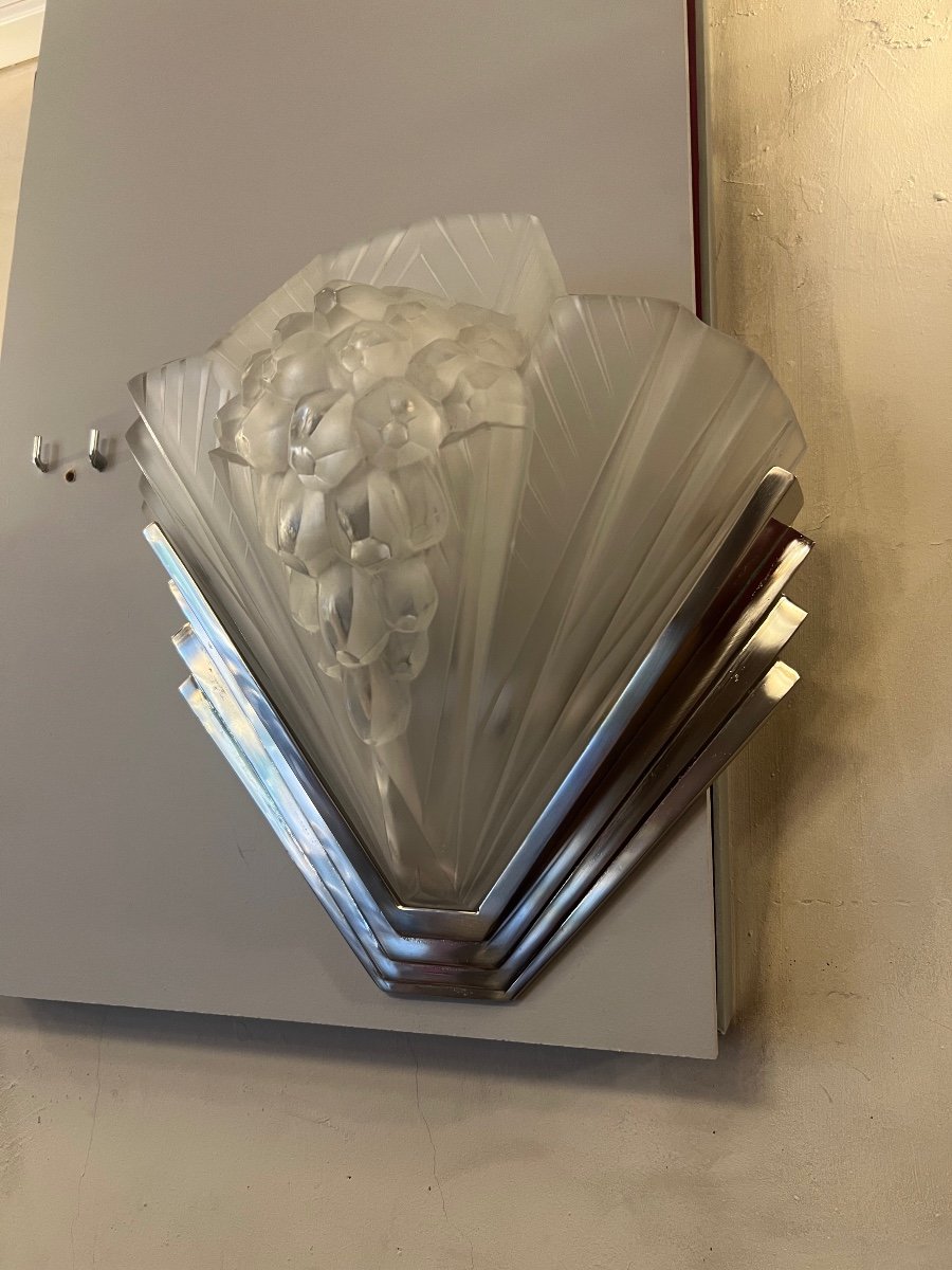 Art Deco Wall Lamp (alone) Signed Petitot France / Nickel-plated Bronze { Wall Lamps 1930 } -photo-4