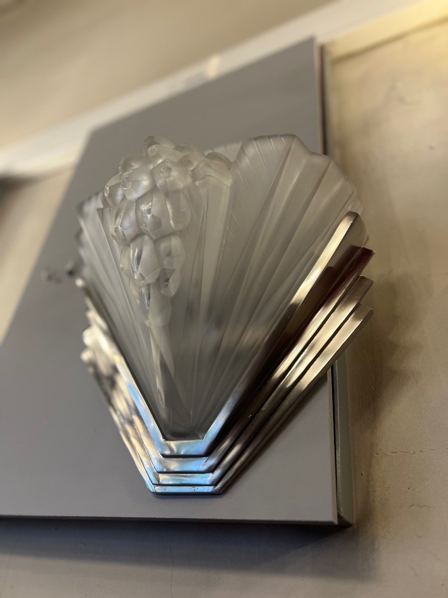 Art Deco Wall Lamp (alone) Signed Petitot France / Nickel-plated Bronze { Wall Lamps 1930 } -photo-6