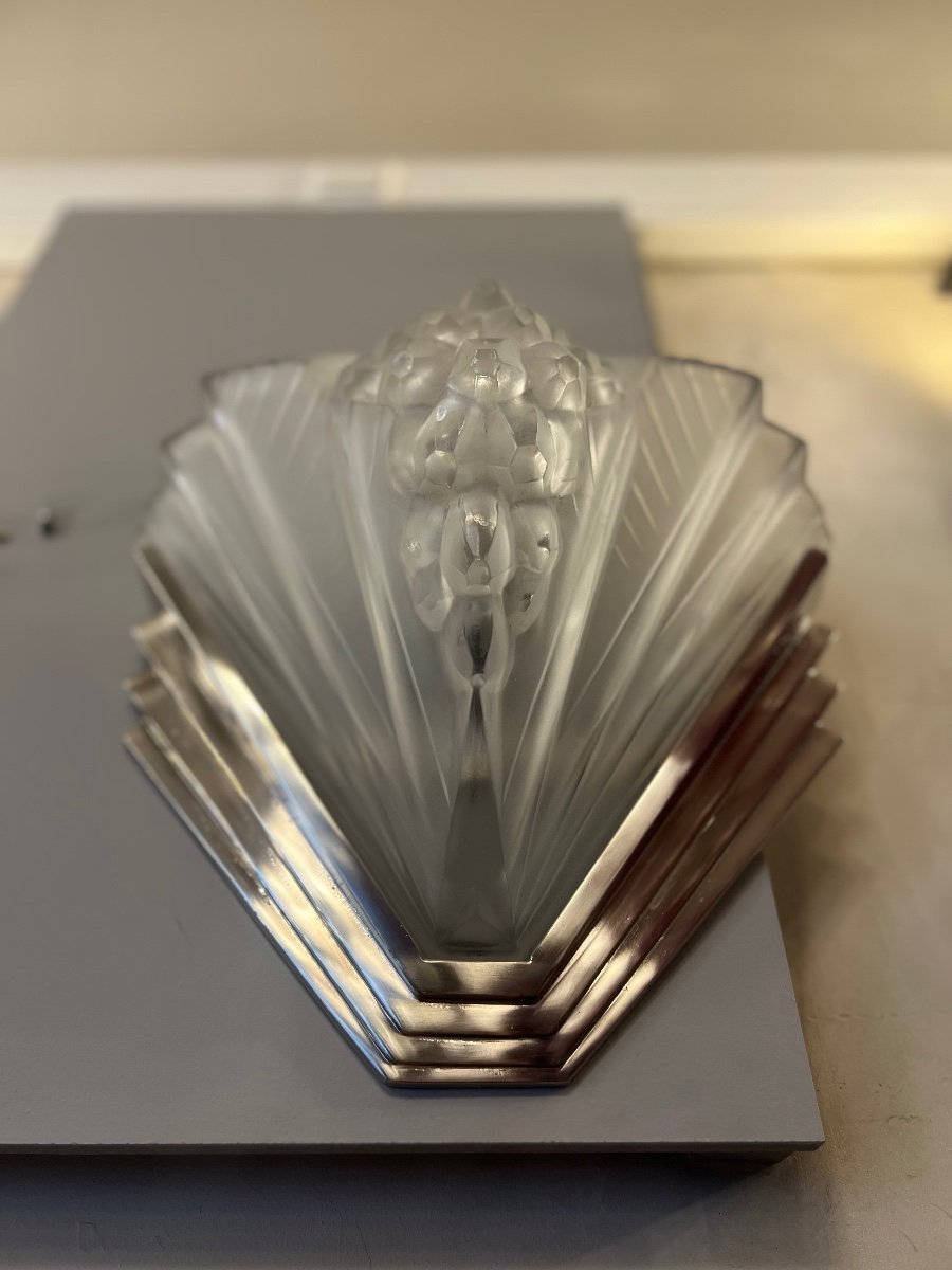 Art Deco Wall Lamp (alone) Signed Petitot France / Nickel-plated Bronze { Wall Lamps 1930 } -photo-7