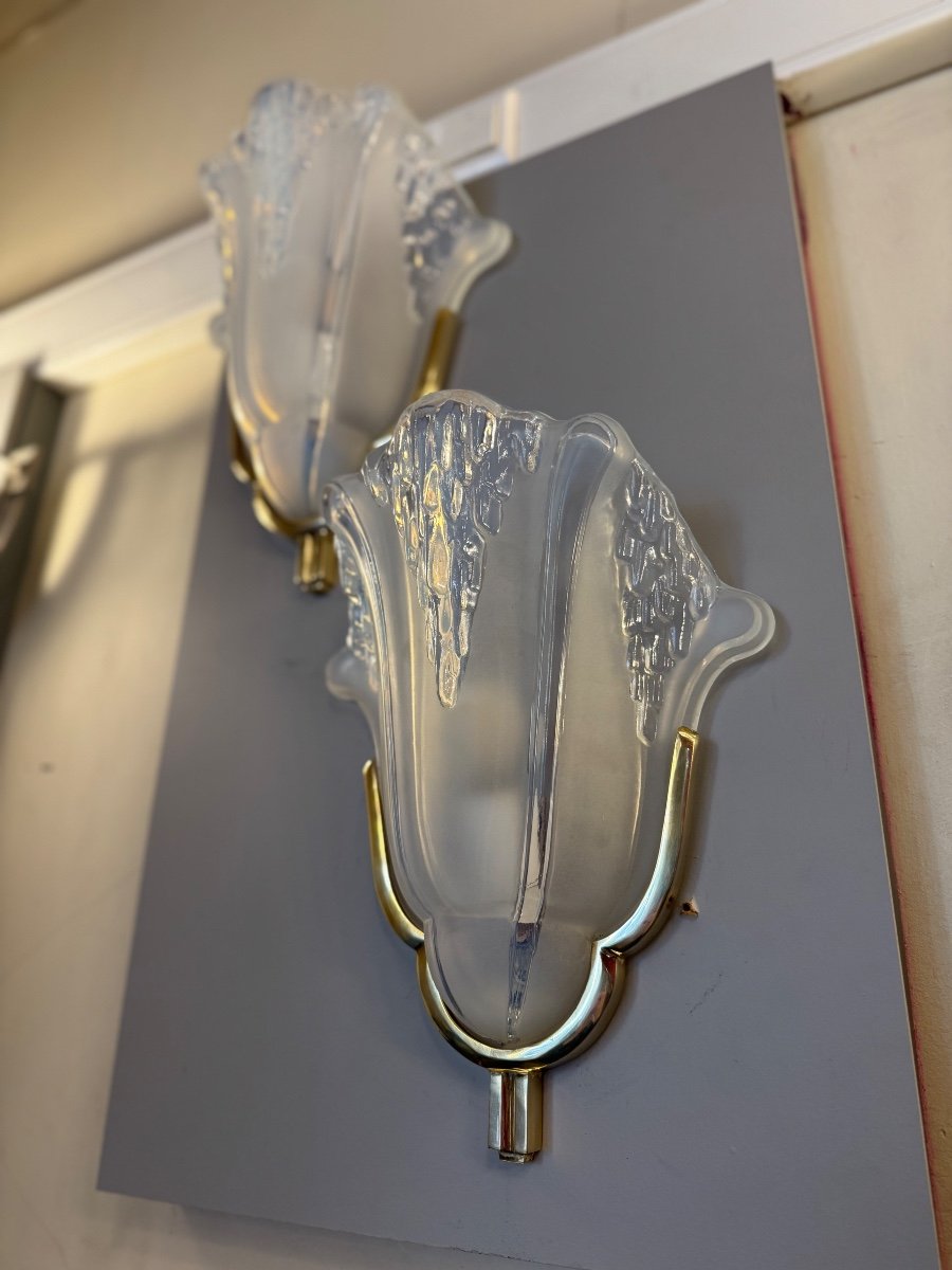 Pair Of Art Deco Wall Lights H. Petitot Signed / In Opalescent Glass And Bronze (art Deco 1930 -photo-5