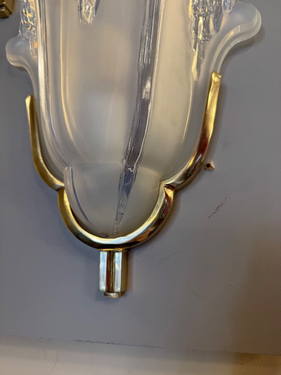 Pair Of Art Deco Wall Lights H. Petitot Signed / In Opalescent Glass And Bronze (art Deco 1930 -photo-7