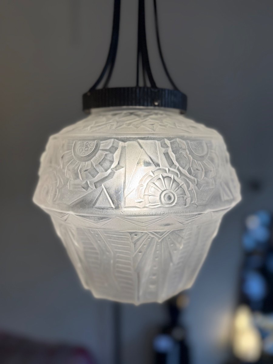 Art Deco Suspension / Ceiling Light Signed Müller Frères / Wrought Iron (art Deco Chandelier 1930) -photo-1