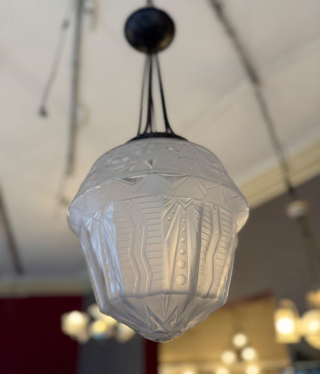 Art Deco Suspension / Ceiling Light Signed Müller Frères / Wrought Iron (art Deco Chandelier 1930) -photo-6