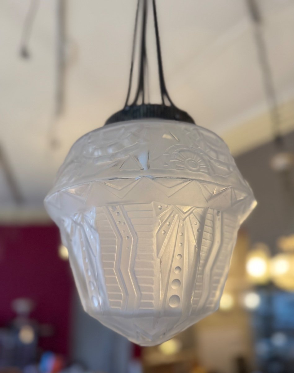 Art Deco Suspension / Ceiling Light Signed Müller Frères / Wrought Iron (art Deco Chandelier 1930) -photo-7