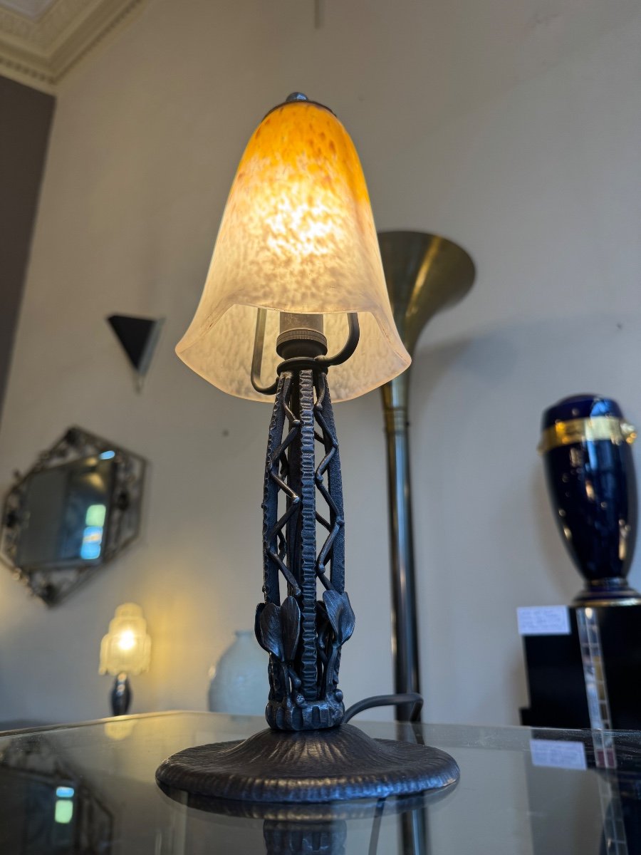 Lampe Transition Art Nouveau / Art Déco Signée Schneider / Verre Marmoréen ( Lampes Deco 1920 )-photo-2