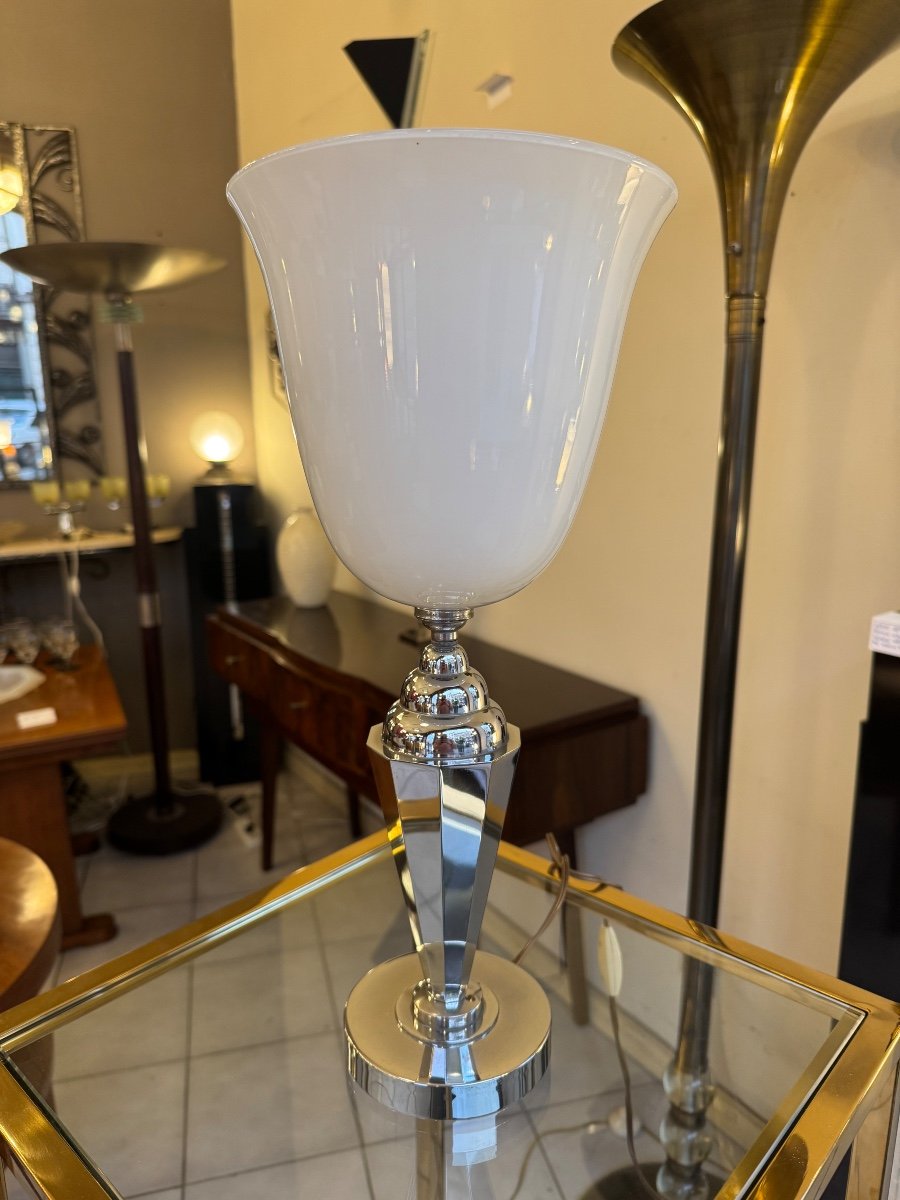 Modernist Art Deco Mazda Reflector Lamp In White Opaline (art Deco Lamps 1930s) -photo-4