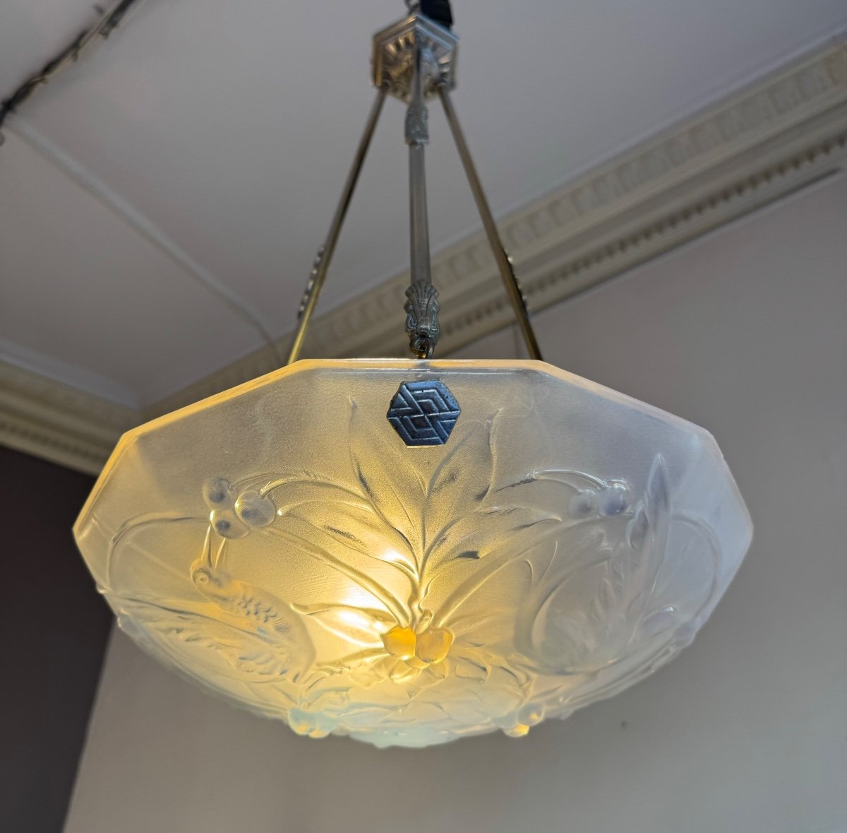 Verlys Art Deco Suspension / Ceiling Light In Opalescent Glass (art Deco Chandelier 1930) -photo-2