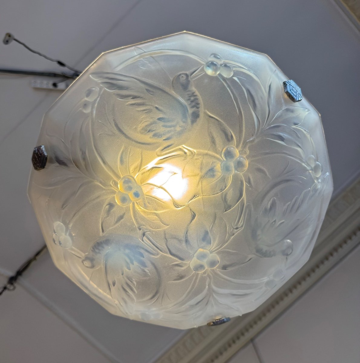 Verlys Art Deco Suspension / Ceiling Light In Opalescent Glass (art Deco Chandelier 1930) -photo-4
