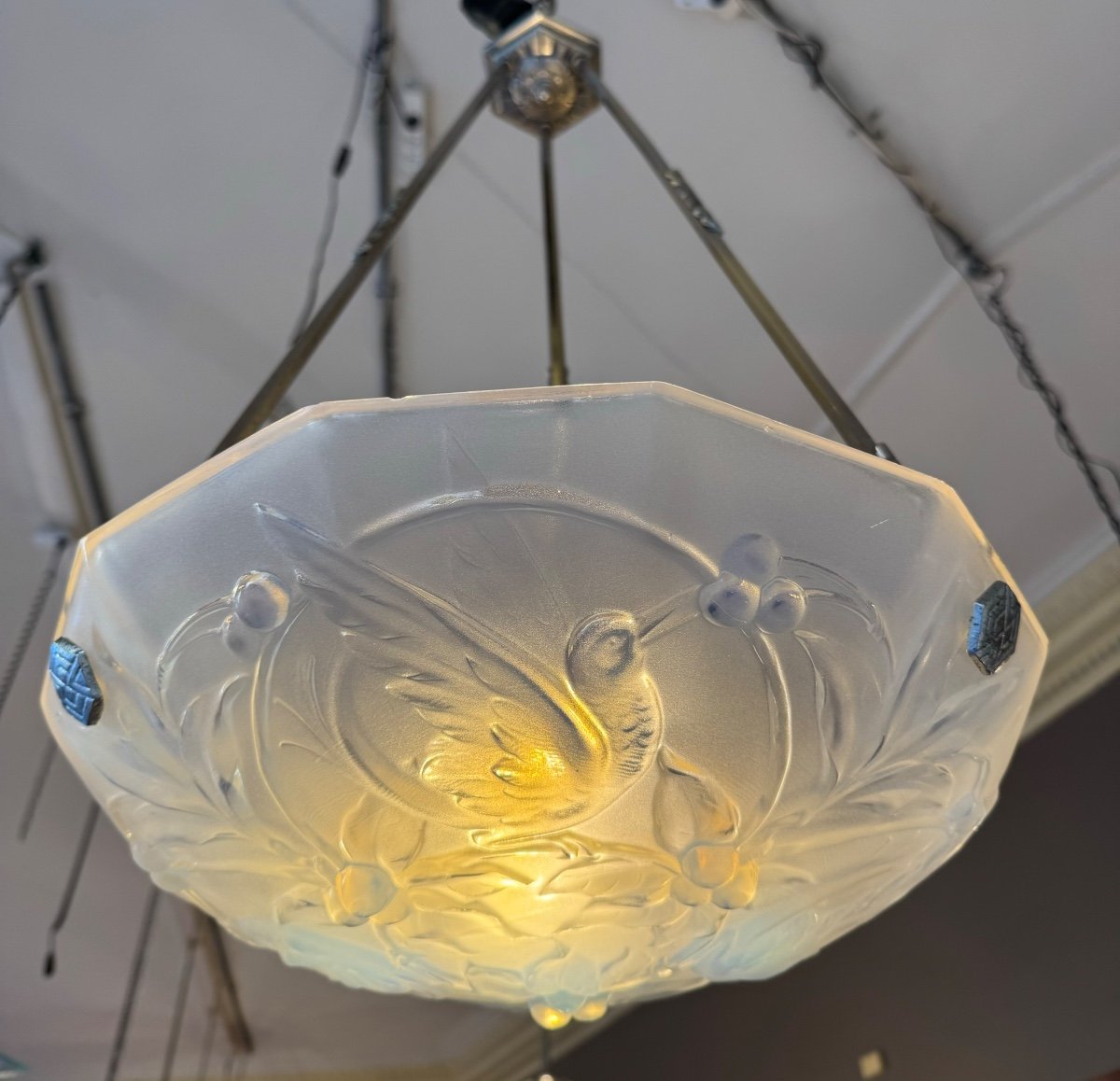 Verlys Art Deco Suspension / Ceiling Light In Opalescent Glass (art Deco Chandelier 1930) -photo-1