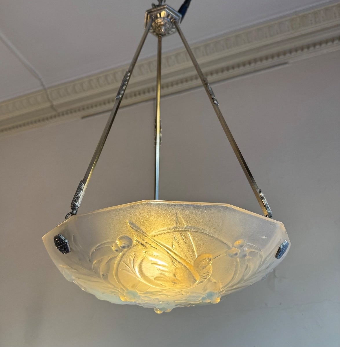Verlys Art Deco Suspension / Ceiling Light In Opalescent Glass (art Deco Chandelier 1930) -photo-2