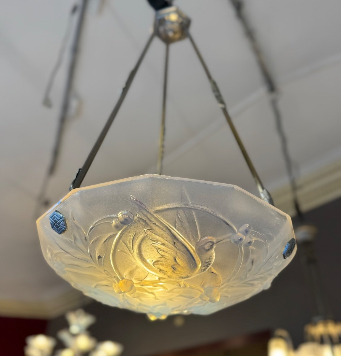 Verlys Art Deco Suspension / Ceiling Light In Opalescent Glass (art Deco Chandelier 1930) -photo-4