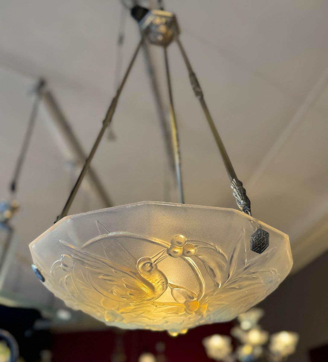 Verlys Art Deco Suspension / Ceiling Light In Opalescent Glass (art Deco Chandelier 1930) -photo-5