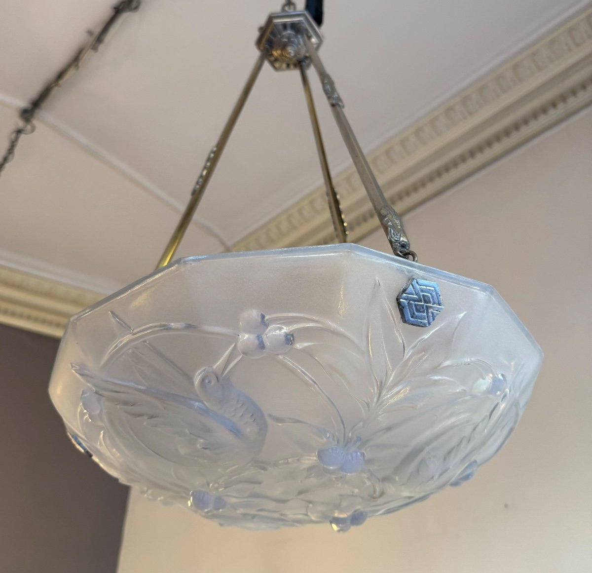 Verlys Art Deco Suspension / Ceiling Light In Opalescent Glass (art Deco Chandelier 1930) -photo-7