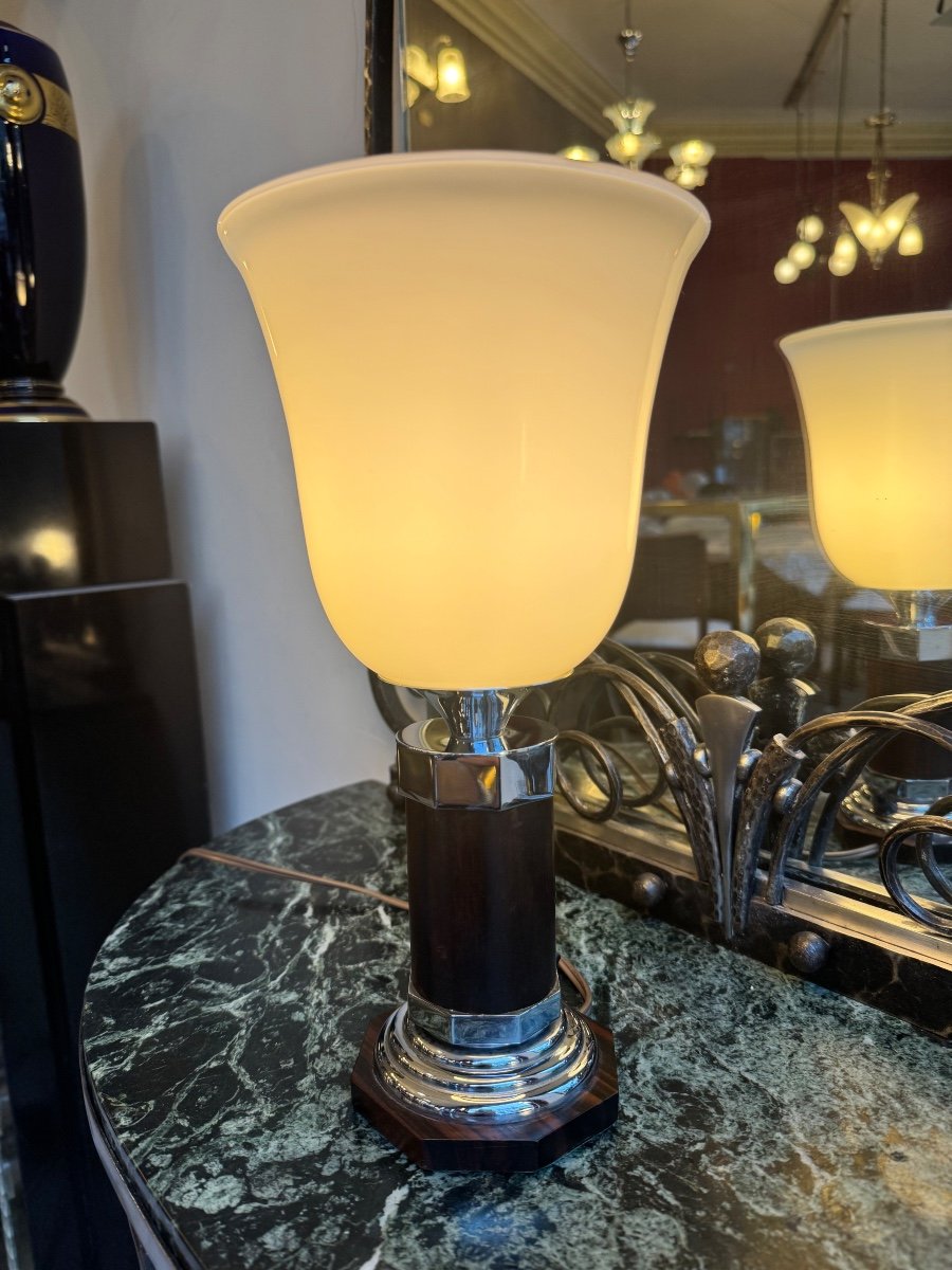 Art Deco Lamp In Macassar Ebony With Flared White Opaline Reflector (art Deco 1930)-photo-3