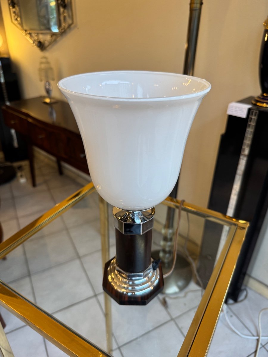 Art Deco Lamp In Macassar Ebony With Flared White Opaline Reflector (art Deco 1930)-photo-5