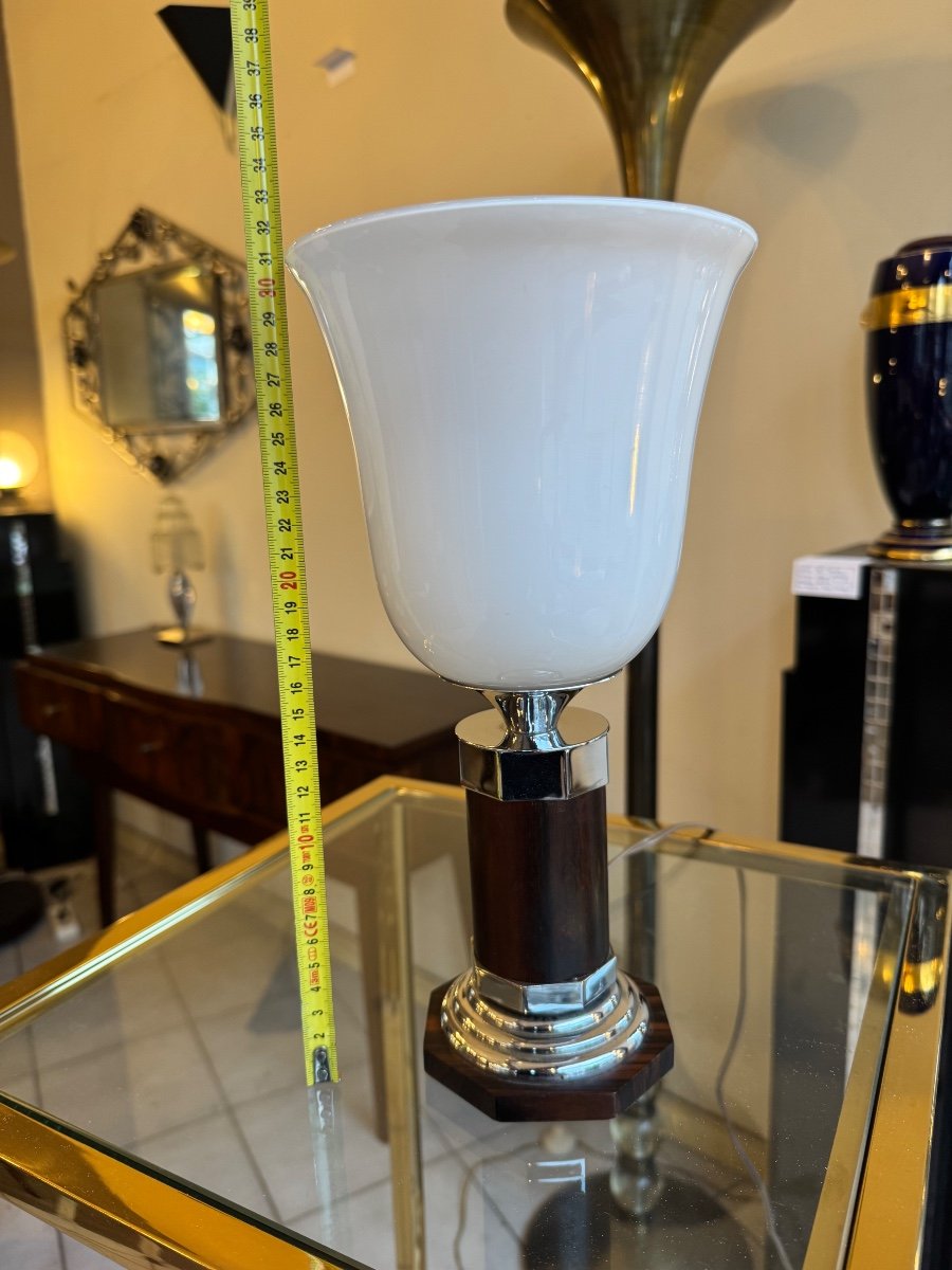 Art Deco Lamp In Macassar Ebony With Flared White Opaline Reflector (art Deco 1930)-photo-6