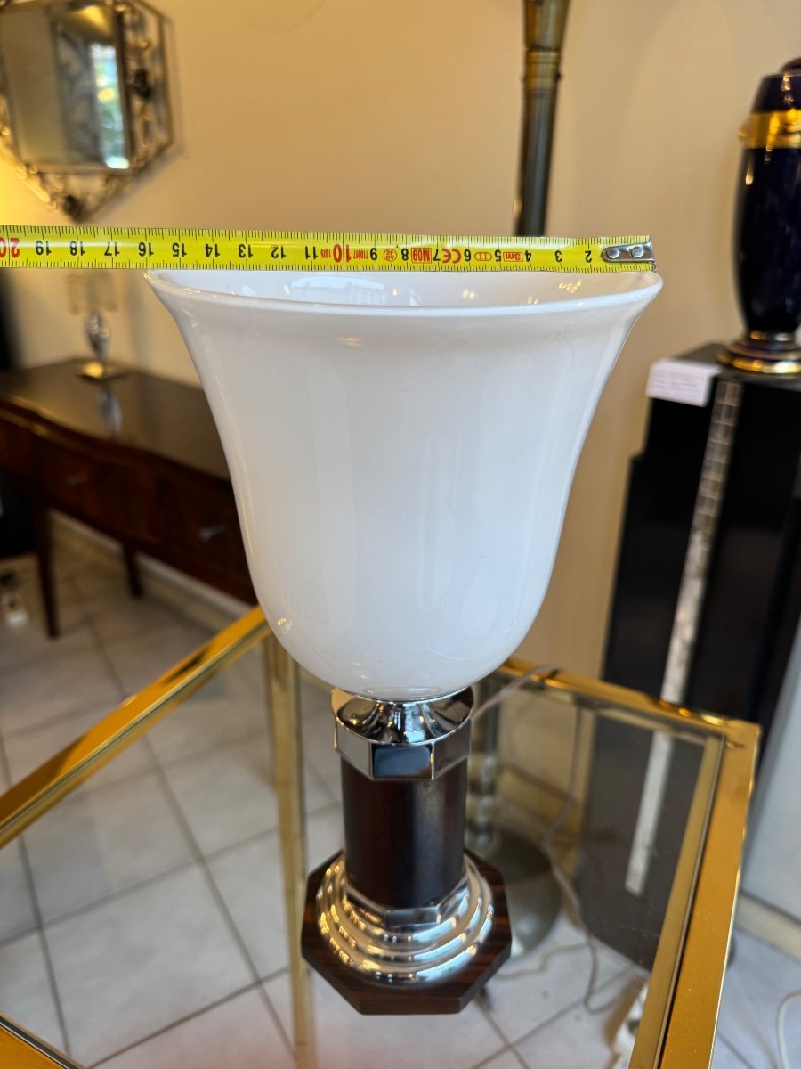 Art Deco Lamp In Macassar Ebony With Flared White Opaline Reflector (art Deco 1930)-photo-7