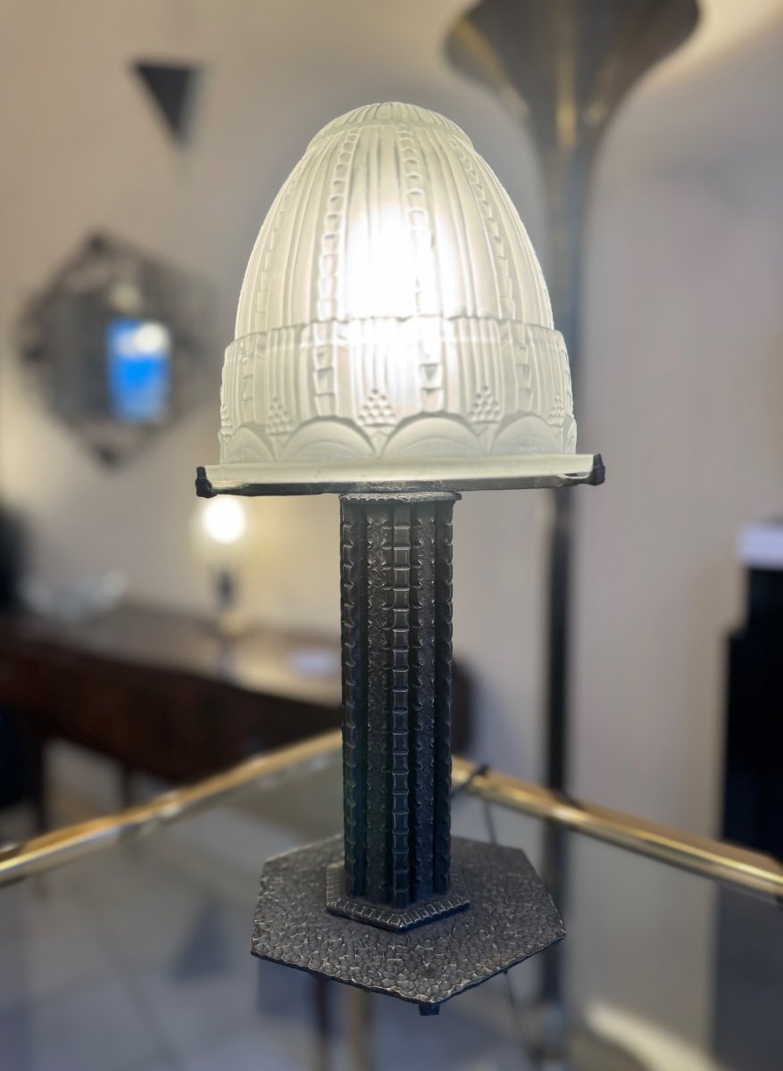 Art Deco Table Lamp Müller Frères Lunéville Signed / Wrought Iron Base (art Deco Lamp 1930 -photo-2