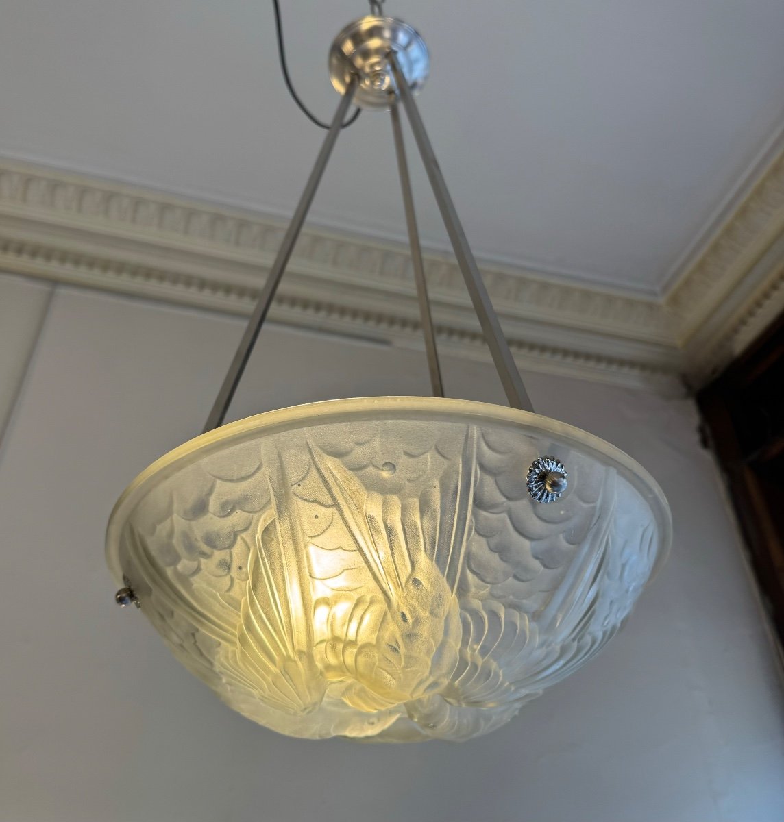 Art Deco Suspension / Ceiling Light Signed Noverdy France Deposited (art Deco Chandelier 1930) -photo-2