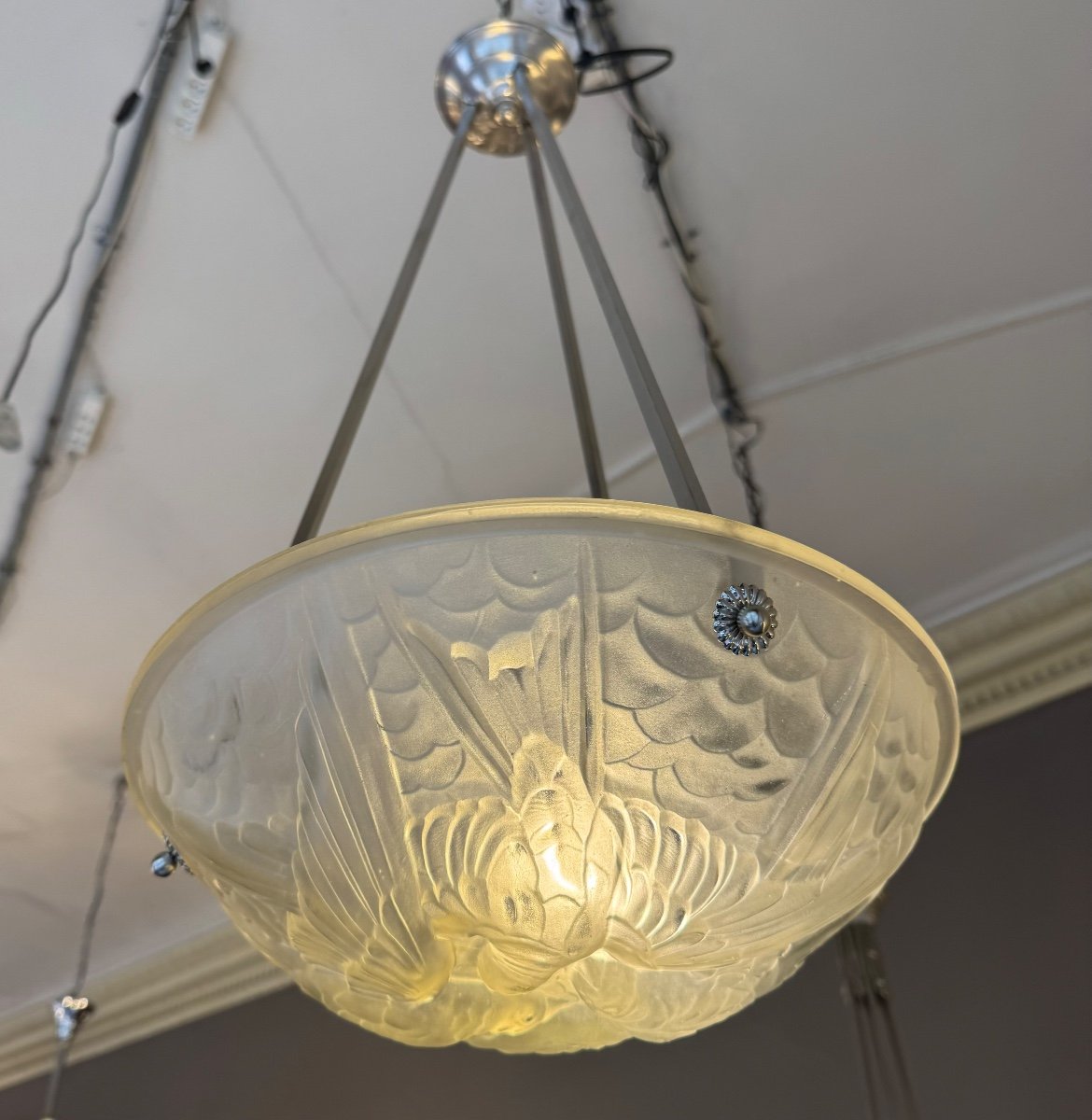 Art Deco Suspension / Ceiling Light Signed Noverdy France Deposited (art Deco Chandelier 1930) -photo-4
