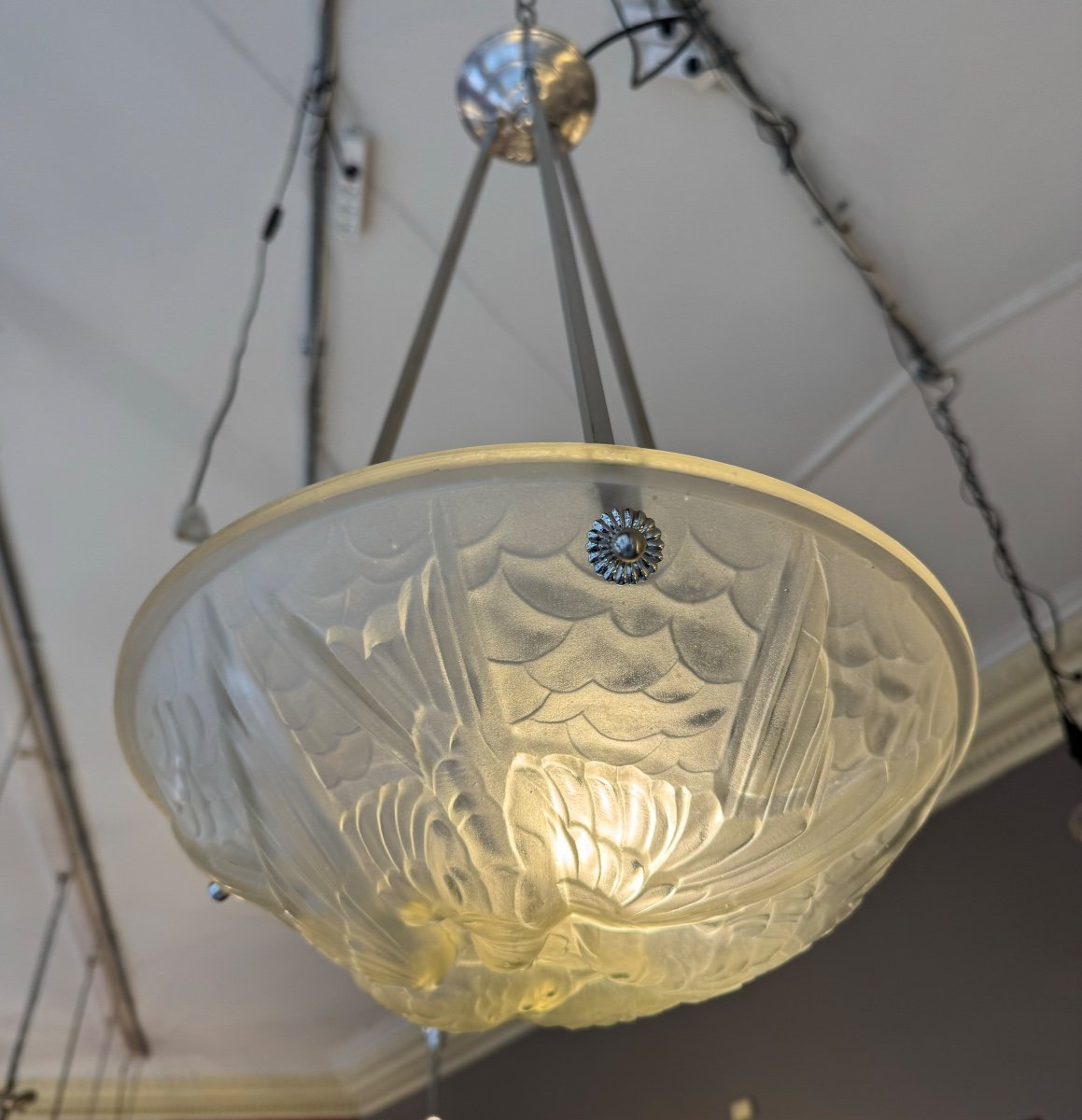 Art Deco Suspension / Ceiling Light Signed Noverdy France Deposited (art Deco Chandelier 1930) -photo-3