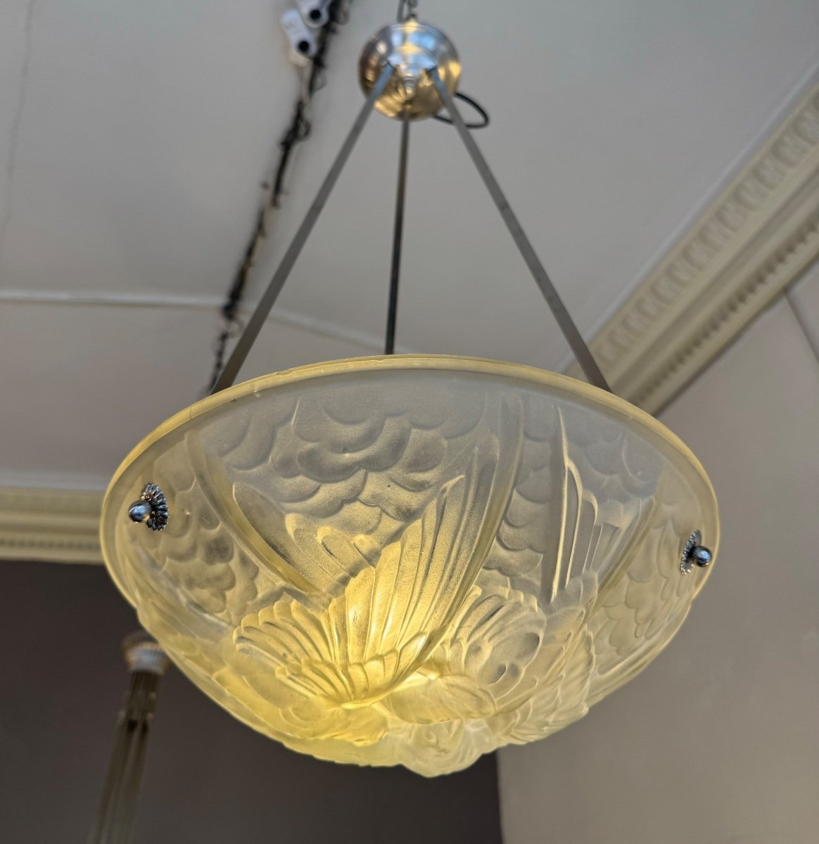 Art Deco Suspension / Ceiling Light Signed Noverdy France Deposited (art Deco Chandelier 1930) -photo-4