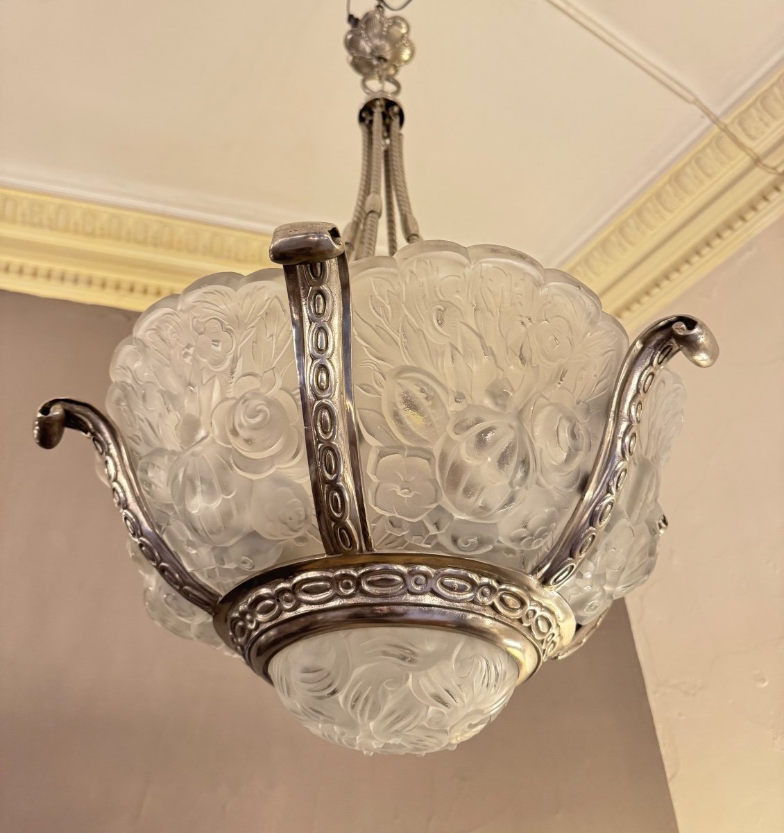 Important Lustre Art Déco Val Saint Lambert 7 Verreries / Bronze Argenté  Lustres Art Deco 1930-photo-2