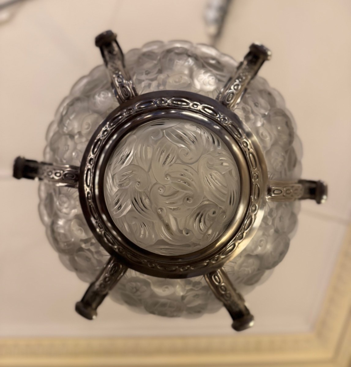 Important Lustre Art Déco Val Saint Lambert 7 Verreries / Bronze Argenté  Lustres Art Deco 1930-photo-3