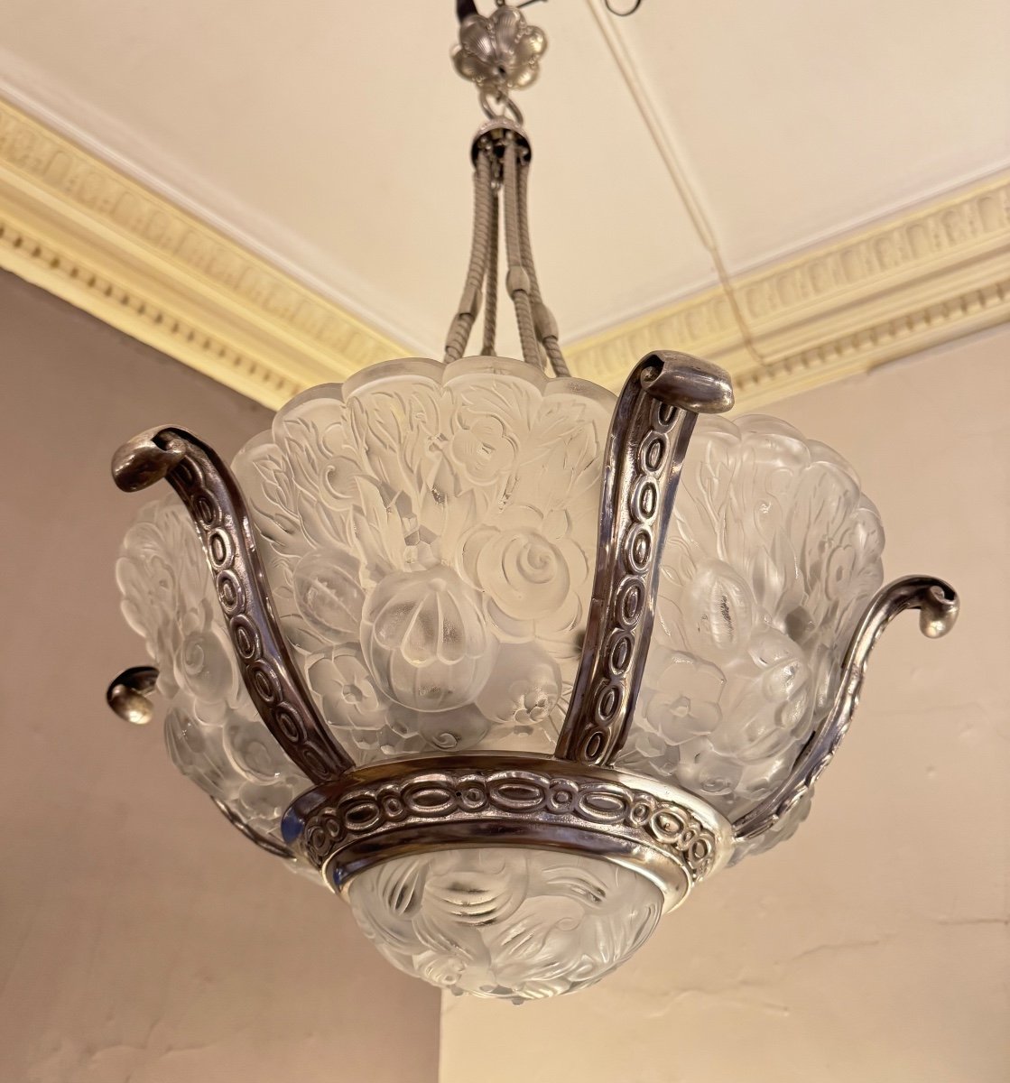 Important Lustre Art Déco Val Saint Lambert 7 Verreries / Bronze Argenté  Lustres Art Deco 1930-photo-4