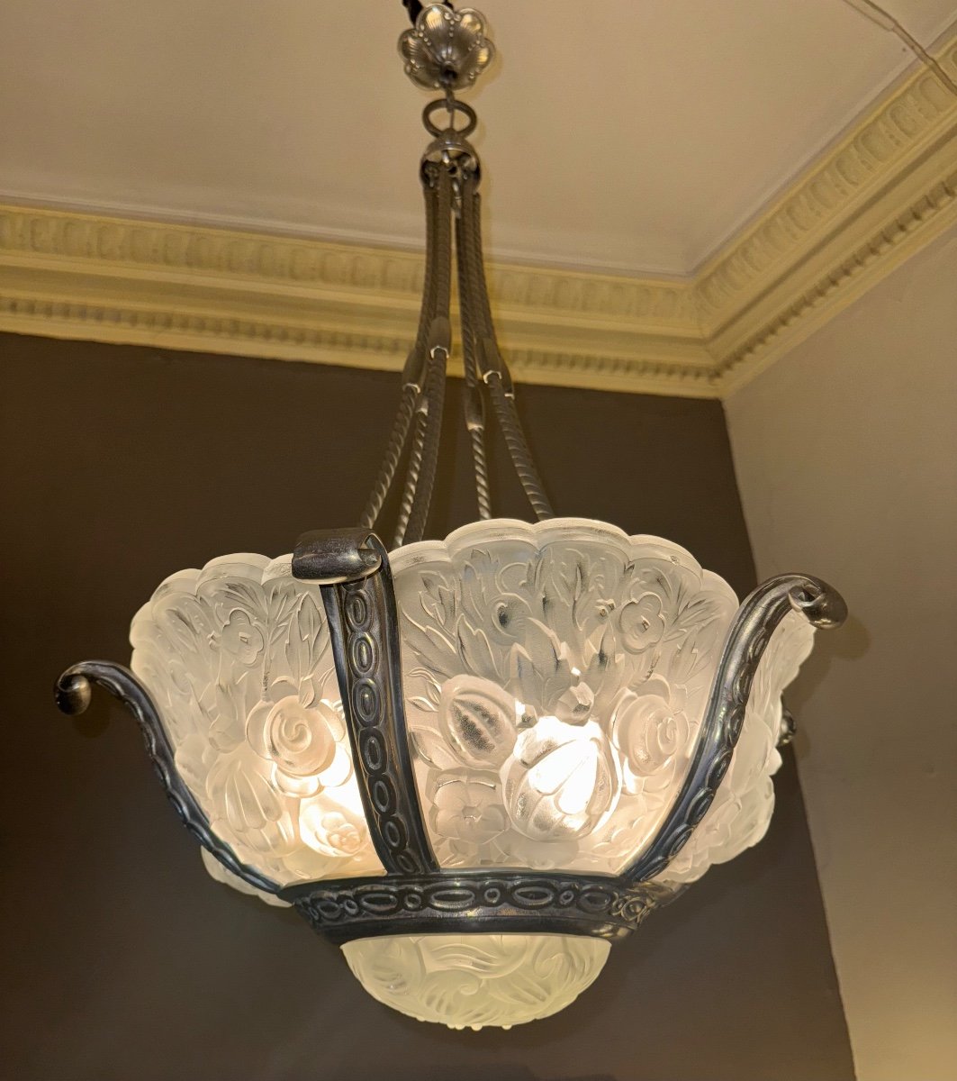 Important Lustre Art Déco Val Saint Lambert 7 Verreries / Bronze Argenté  Lustres Art Deco 1930-photo-1
