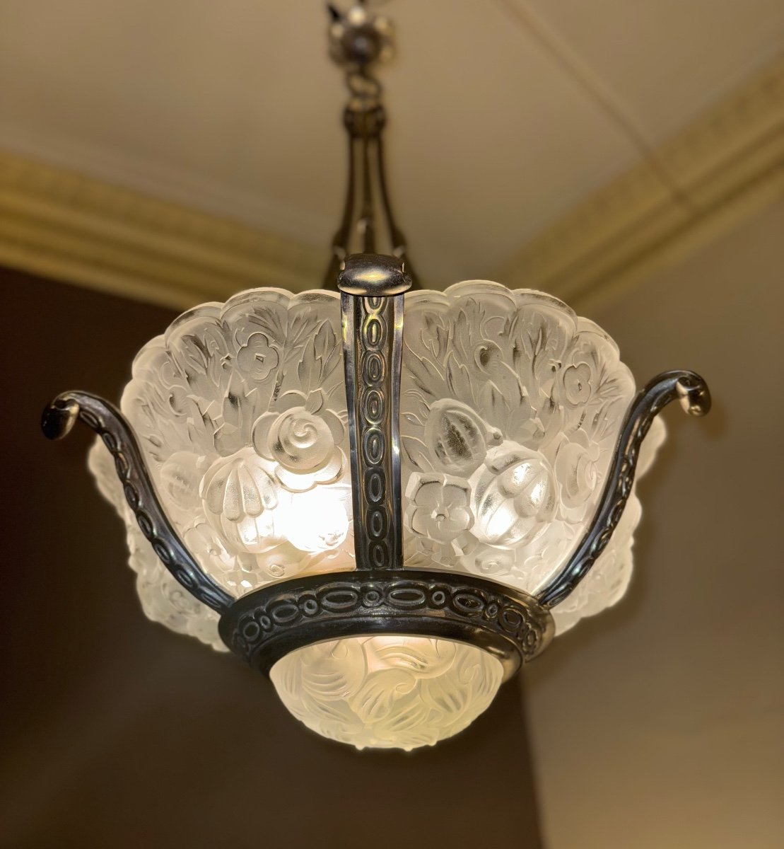 Important Lustre Art Déco Val Saint Lambert 7 Verreries / Bronze Argenté  Lustres Art Deco 1930-photo-2