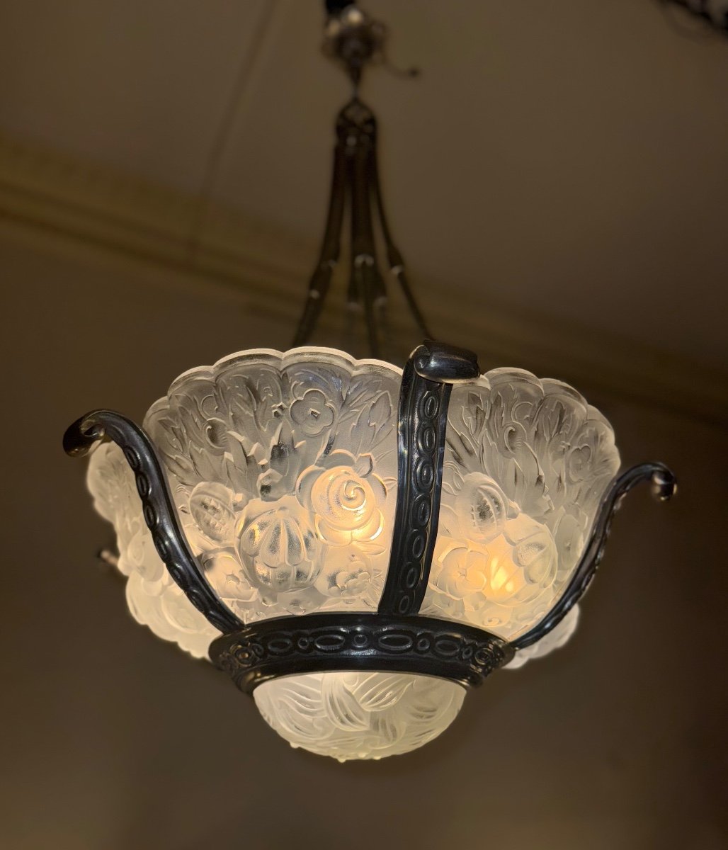 Important Lustre Art Déco Val Saint Lambert 7 Verreries / Bronze Argenté  Lustres Art Deco 1930-photo-3