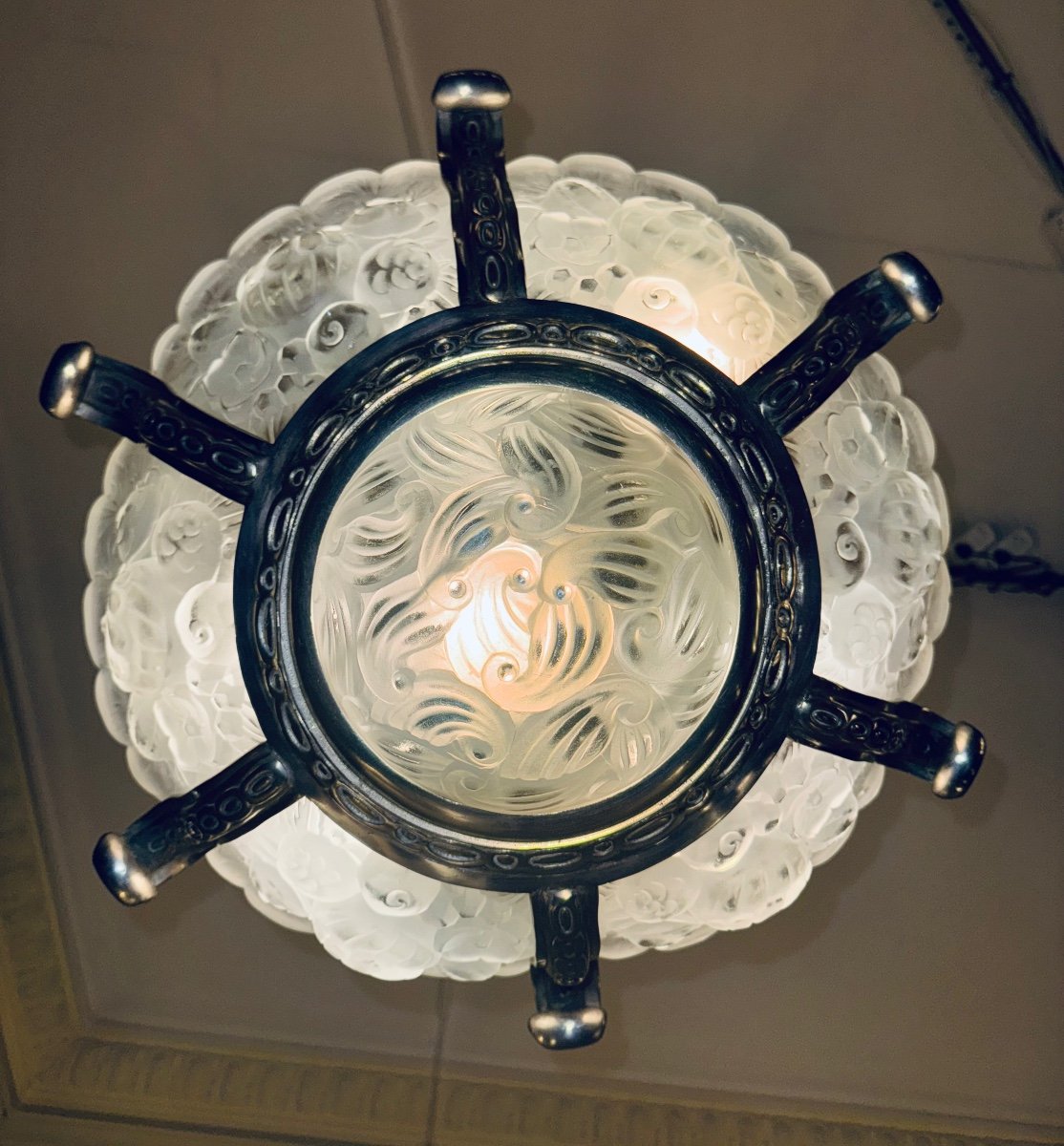 Important Lustre Art Déco Val Saint Lambert 7 Verreries / Bronze Argenté  Lustres Art Deco 1930-photo-6