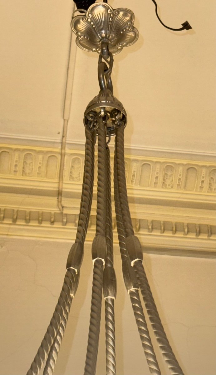 Important Lustre Art Déco Val Saint Lambert 7 Verreries / Bronze Argenté  Lustres Art Deco 1930-photo-7