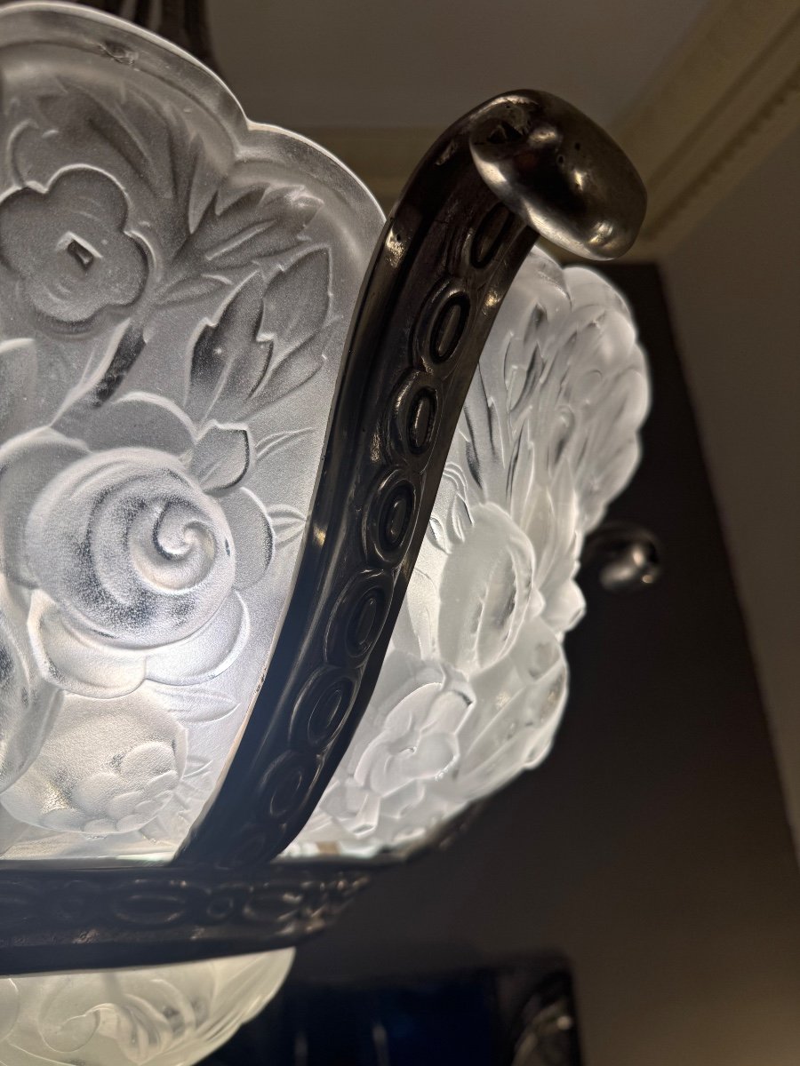 Important Lustre Art Déco Val Saint Lambert 7 Verreries / Bronze Argenté  Lustres Art Deco 1930-photo-8