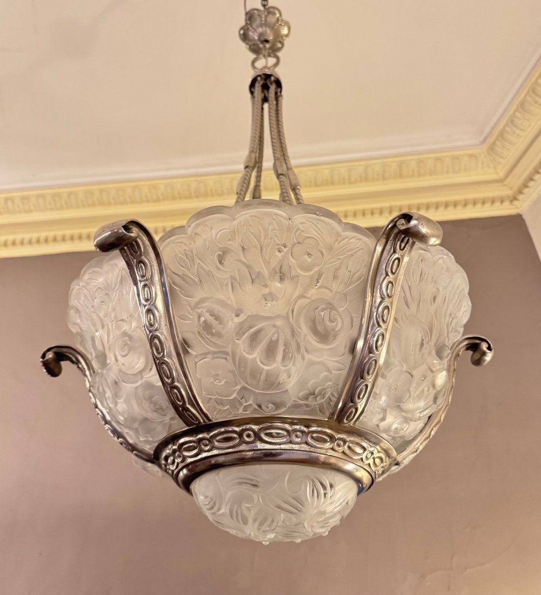Important Lustre Art Déco Val Saint Lambert 7 Verreries / Bronze Argenté  Lustres Art Deco 1930