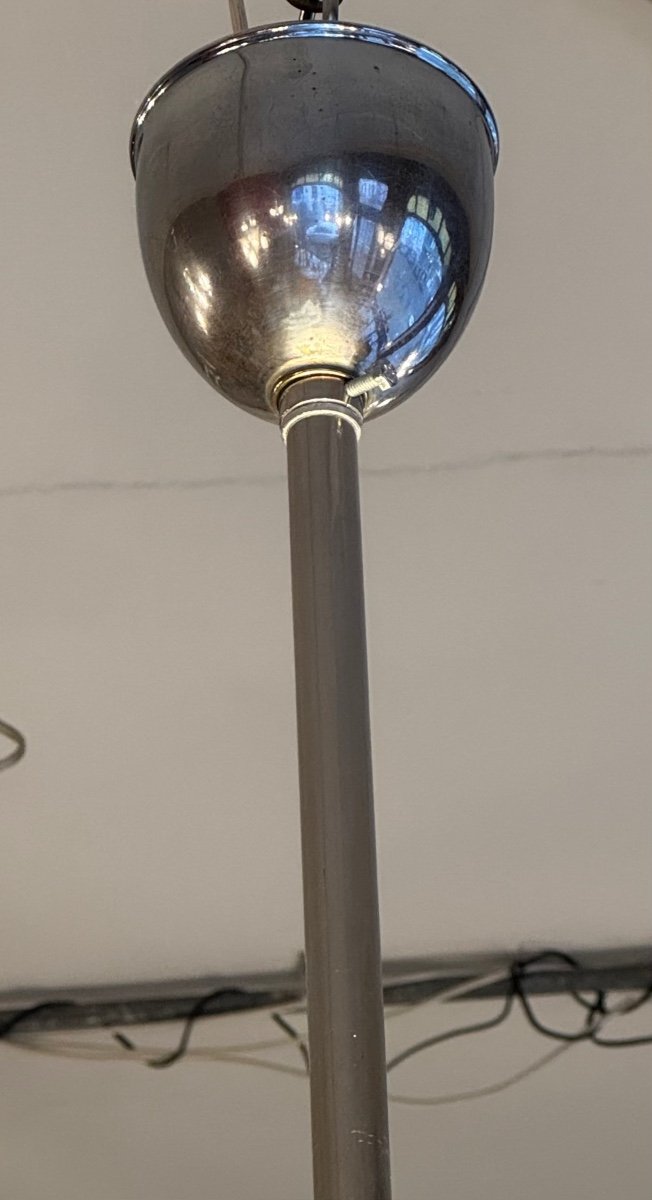 Modernist Art Deco Chandelier With Sandblasted Glass Disc And Chromed Metal (art Deco Pendant Light 1930)-photo-4