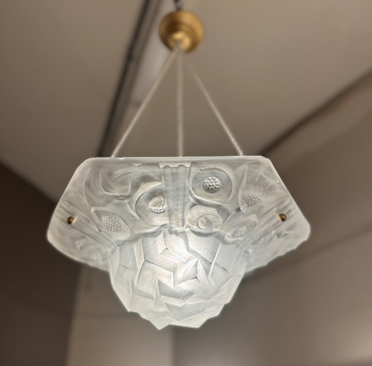 Art Deco Pendant Lamp Signed Degué France 593 / Cordelières (art Deco Chandeliers / Ceiling Light 1930 -photo-3