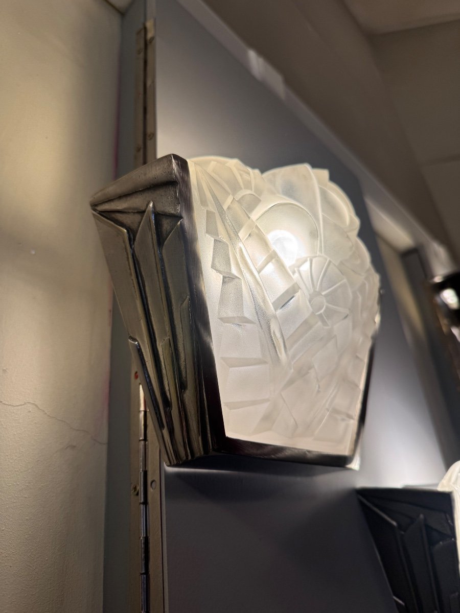 Pair Of Art Deco Wall Lights "la Rose" Signed Degué / Nickel-plated Bronze Art Deco Wall Light -photo-1