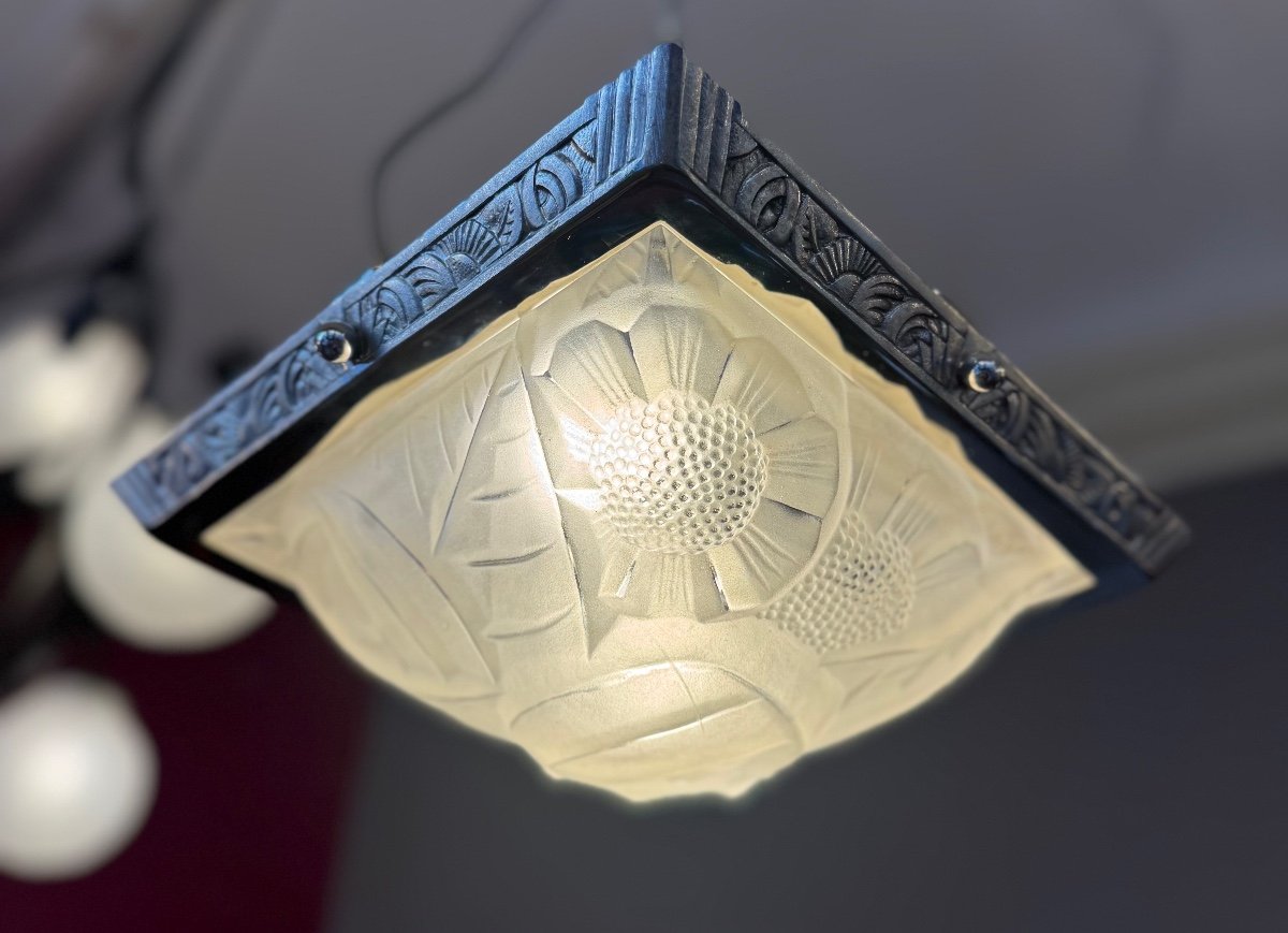 Plafonnier Art Déco Carré Signé Degué  / Bronze Nickelé ( Luminaire / Lustre Art Deco 1930 ) -photo-2