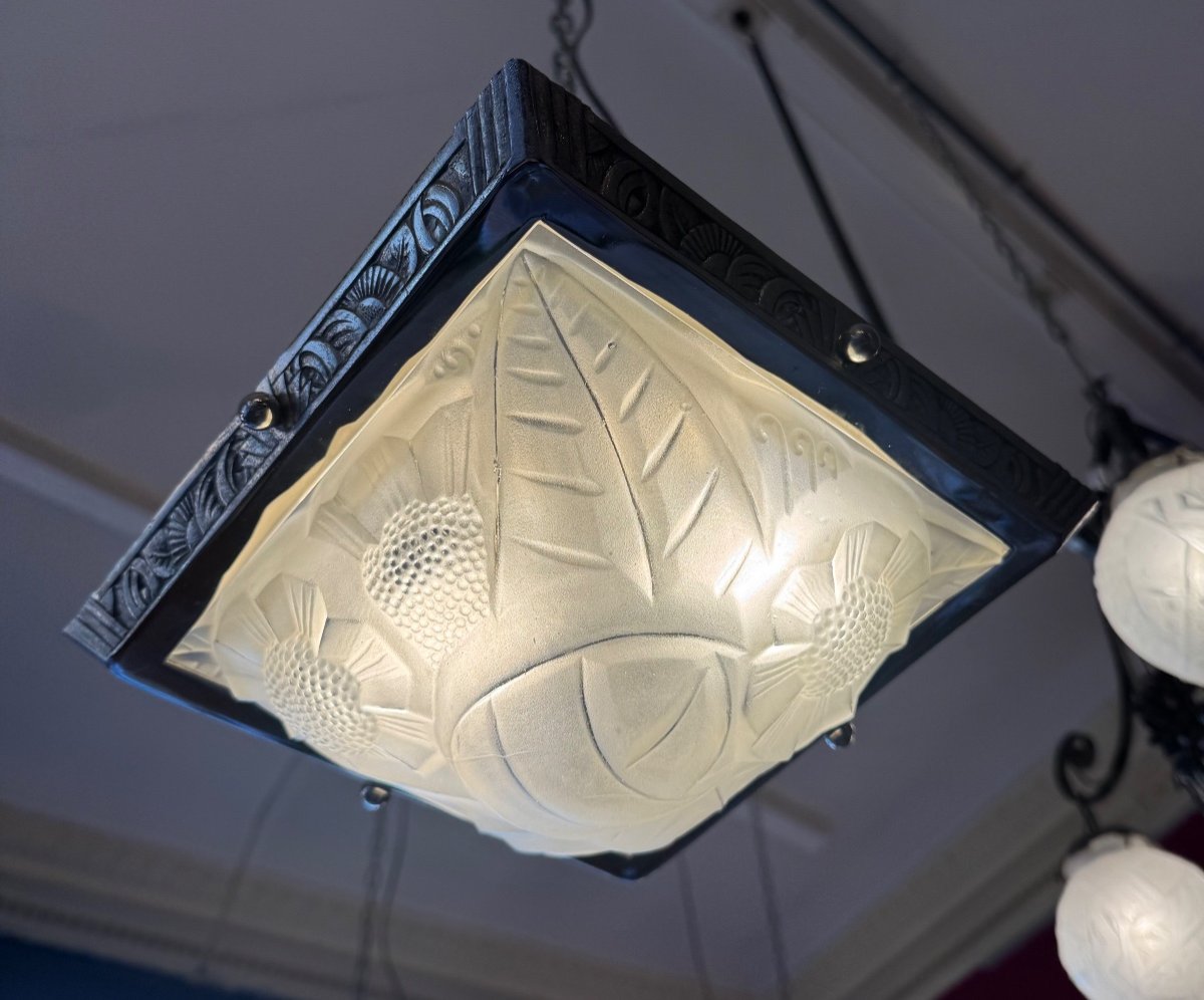 Plafonnier Art Déco Carré Signé Degué  / Bronze Nickelé ( Luminaire / Lustre Art Deco 1930 ) -photo-4