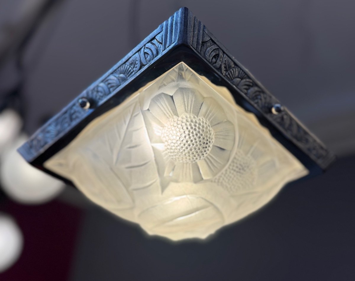 Plafonnier Art Déco Carré Signé Degué  / Bronze Nickelé ( Luminaire / Lustre Art Deco 1930 ) -photo-3