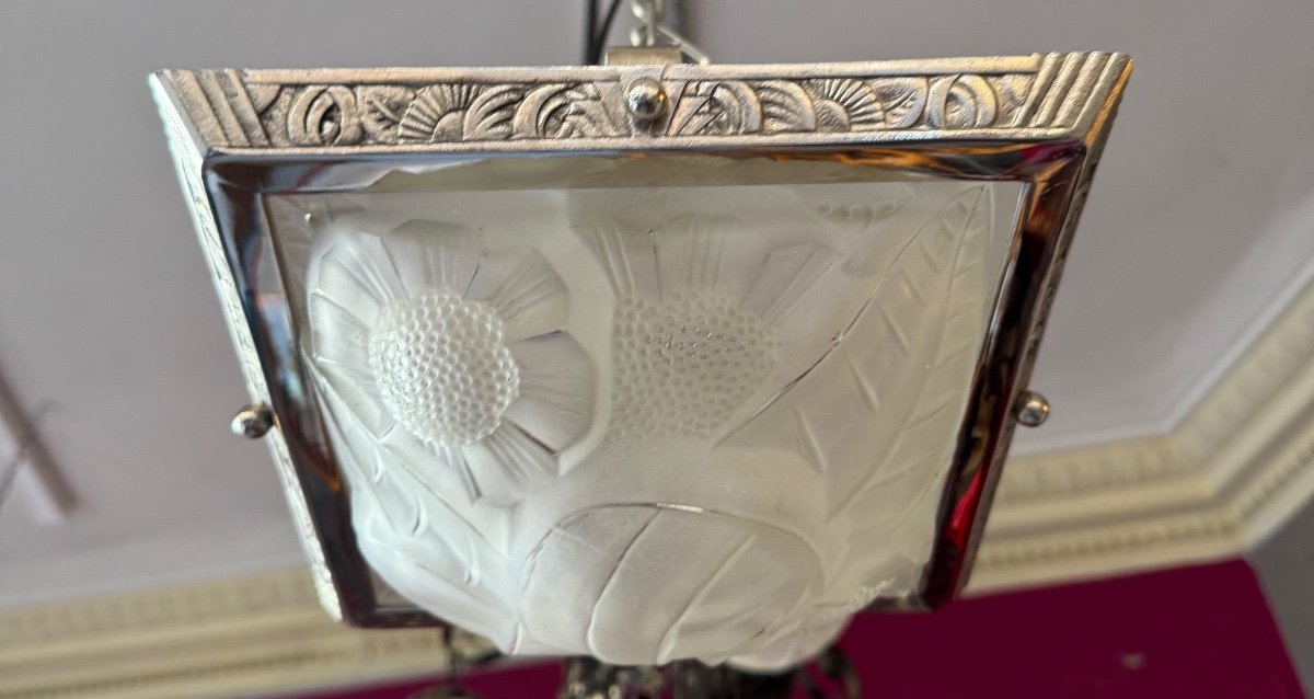 Plafonnier Art Déco Carré Signé Degué  / Bronze Nickelé ( Luminaire / Lustre Art Deco 1930 ) -photo-6