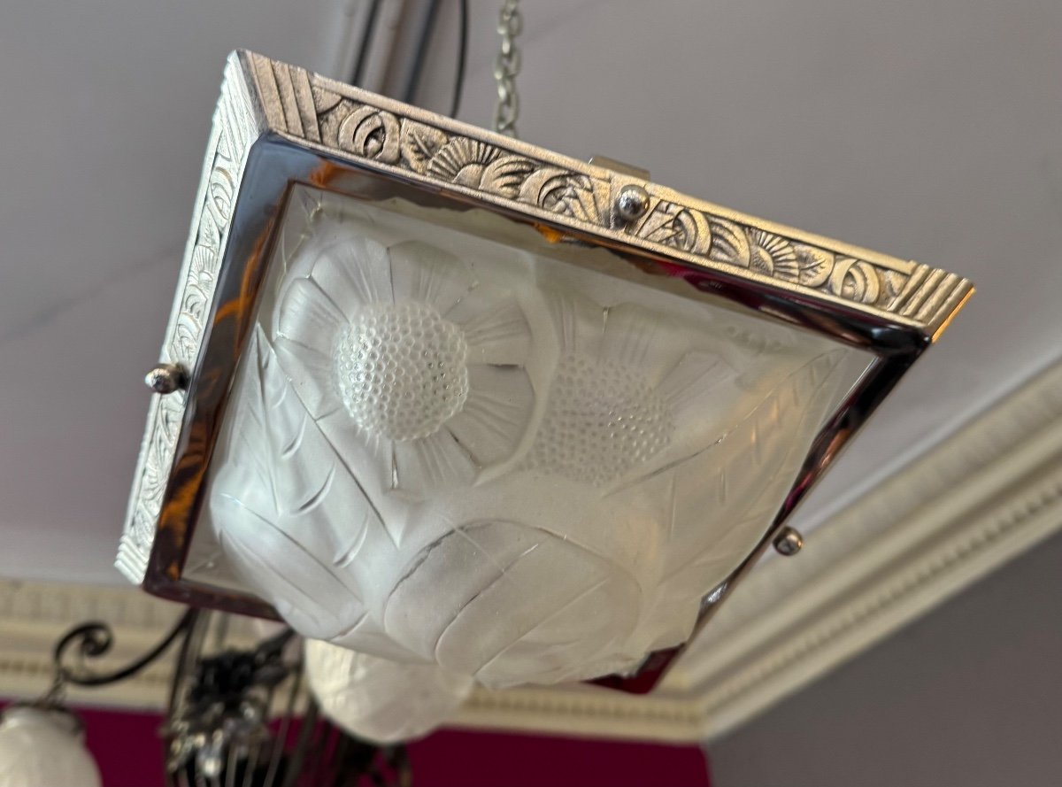 Plafonnier Art Déco Carré Signé Degué  / Bronze Nickelé ( Luminaire / Lustre Art Deco 1930 ) -photo-7