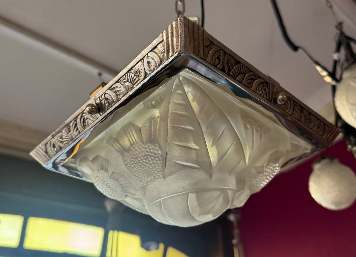 Plafonnier Art Déco Carré Signé Degué  / Bronze Nickelé ( Luminaire / Lustre Art Deco 1930 ) -photo-4