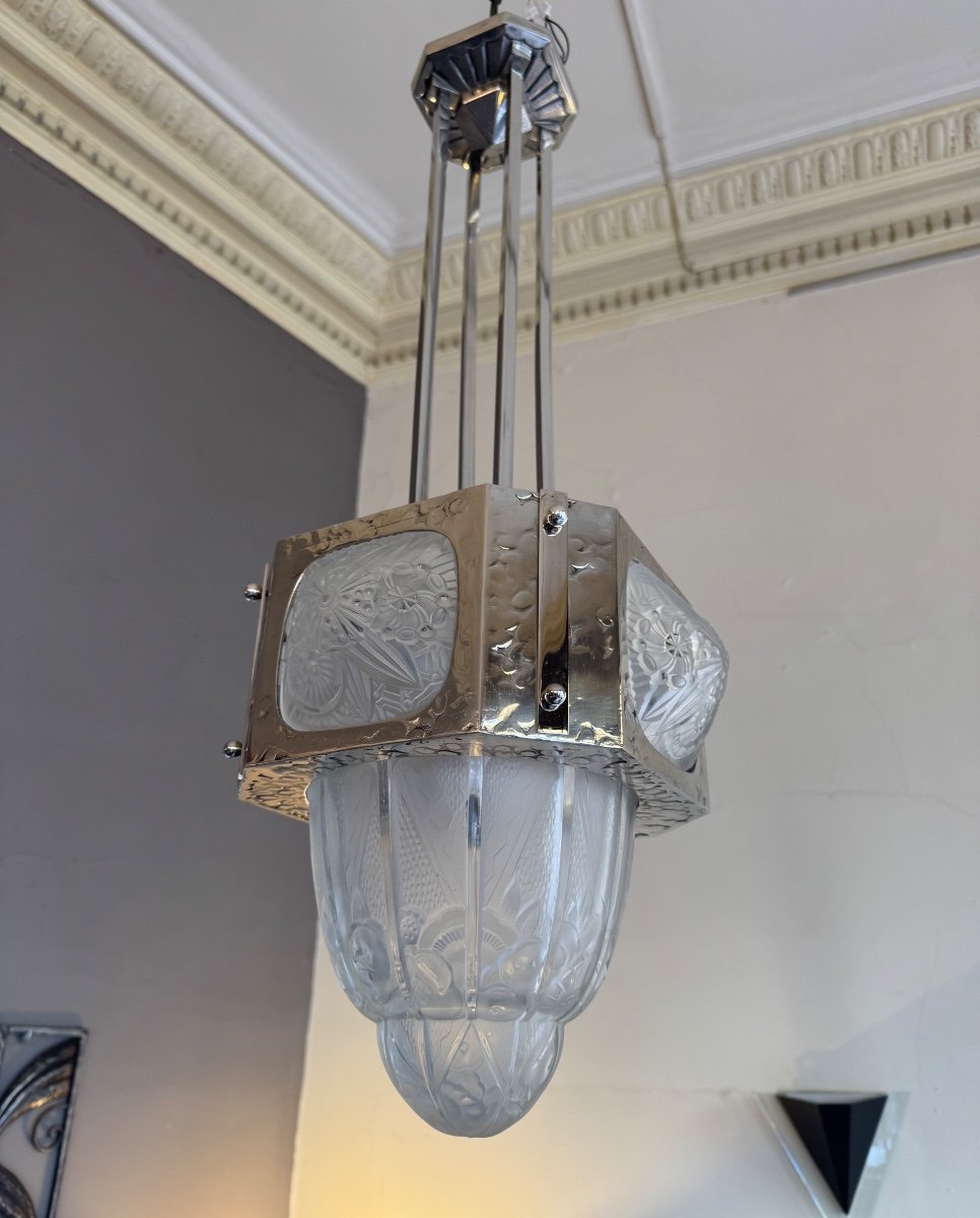 Art Deco Pendant / Ceiling Light / Chandelier Signed Hettier & Vincent / Nickel-plated Bronze (deco 1930 -photo-5