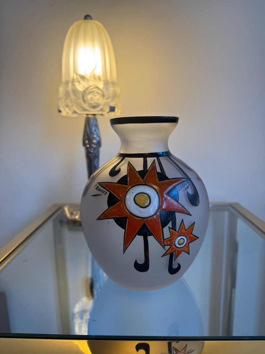 Vase Art Déco Paul Bernard Gobena Signé / Verre émaillé « Etoiles Stylisées » ( Art Deco 1930 )-photo-3