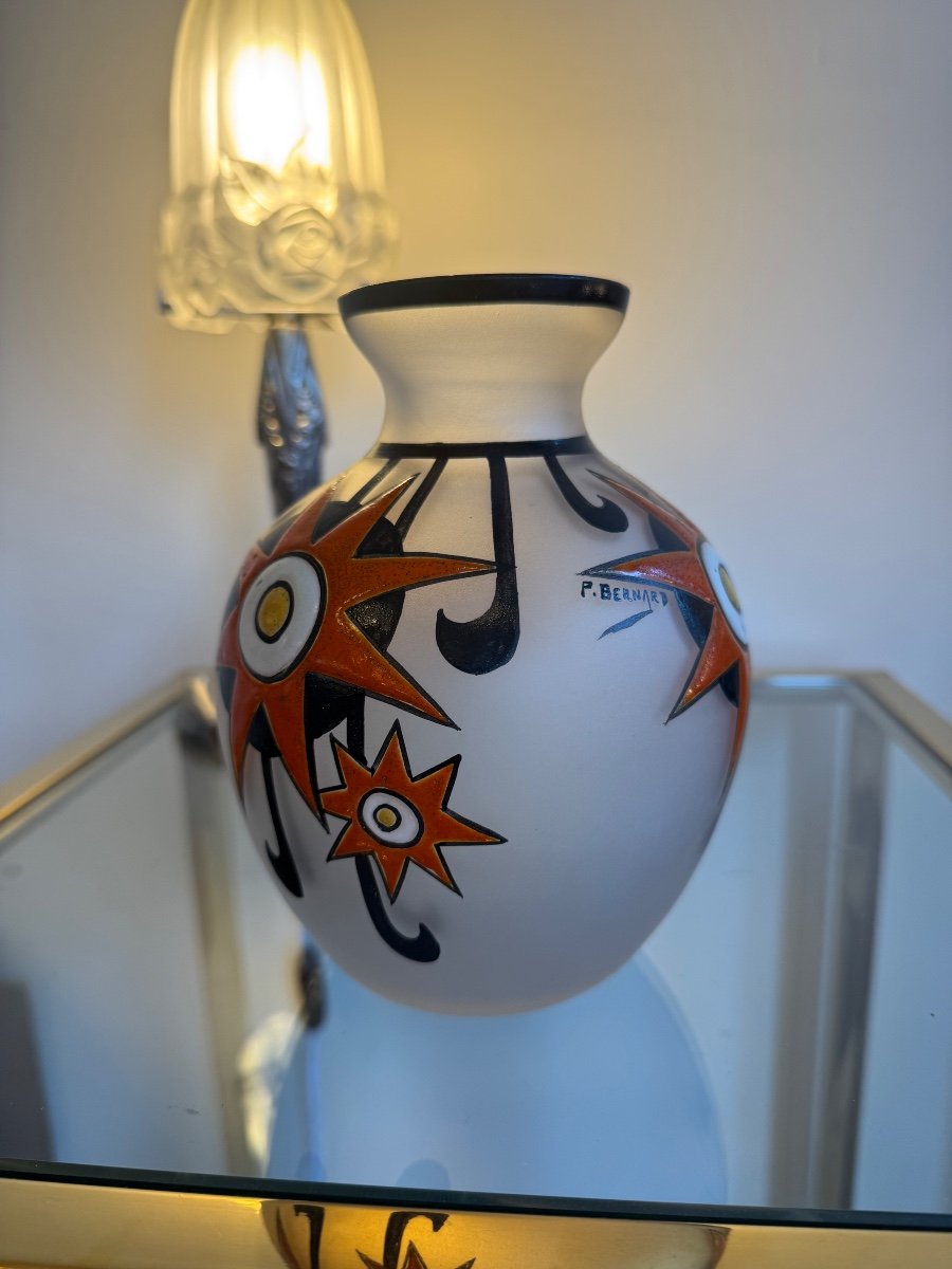Vase Art Déco Paul Bernard Gobena Signé / Verre émaillé « Etoiles Stylisées » ( Art Deco 1930 )-photo-5