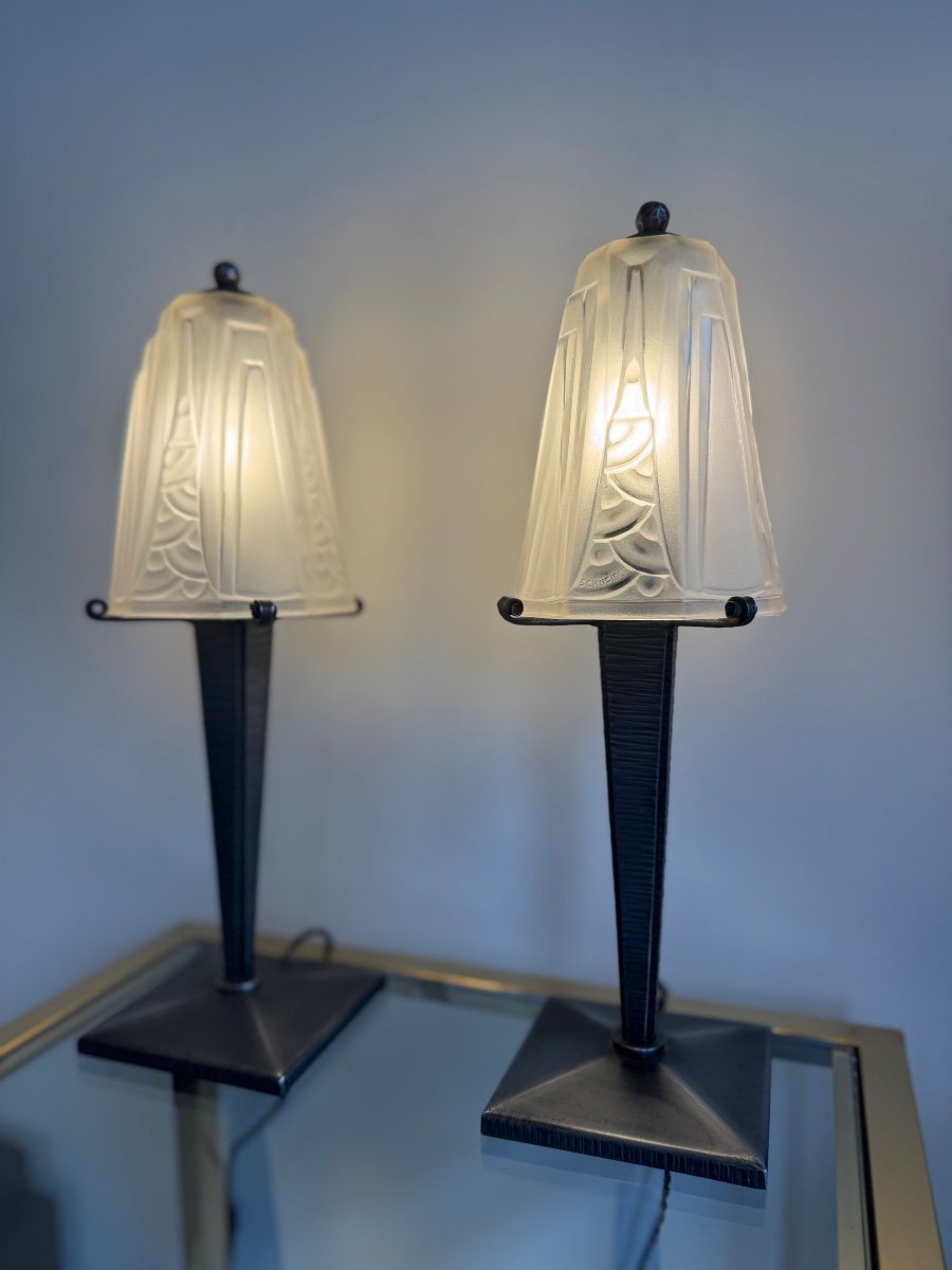 Pair Of Art Deco Lamps Signed Schneider (art Deco Lamp / Desk / Night Lights 1930 Charles-photo-4